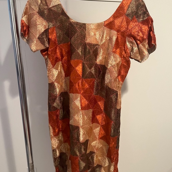 Women’s Indian 3 Piece Burn Orange, Green and Cream Silk Top & Pants w Matching - Picture 5 of 11